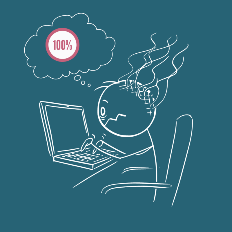 100 % alles geben, Mann am PC/Laptop, Kopf raucht, Stress